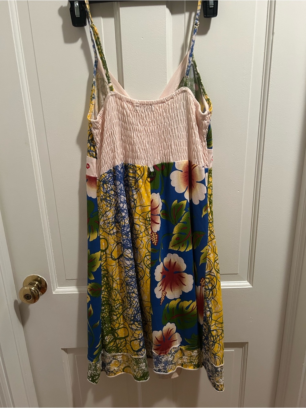 Floral Patchwork Spaghetti-Strap Mini Dress - Blue & Yellow- Size M - Picture 2 of 6